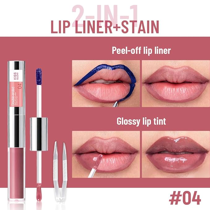 2-in-1 Fuchsia Lip Stain Peel Off & Hydrating Plumping Lip Oil with Tweezer, of Women Long Lasting Waterproof Peel Off Lip liner Tattoo, Highly Pigmented for All Skin Types 04#