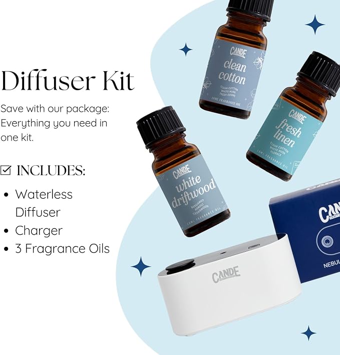CE CRAFT Waterless Travel Diffuser Gift Set - Rechargeable Diffuser for Aromatherapy - Includes 3 Fragrance Oils - Fragrance Dispenser for Office and Home - Masculine, White Scents