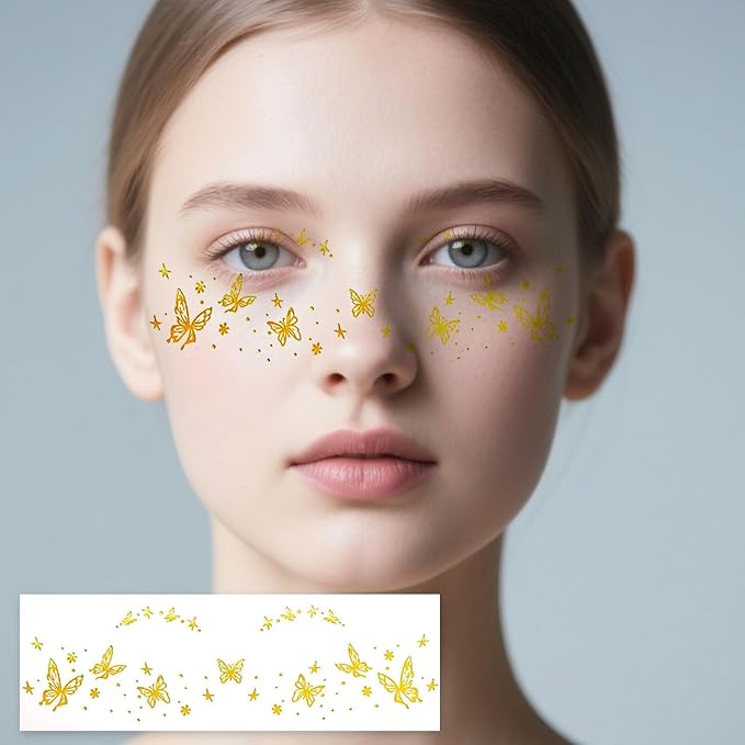 Gold Freckle Tattoo for Halloween - Glitter Temporary Face & Body Tattoos Set (8 Sheets) - Butterfly, Heart & Floral Fake Freckles for Women, Girls, Festival, Party, Costume Accessories