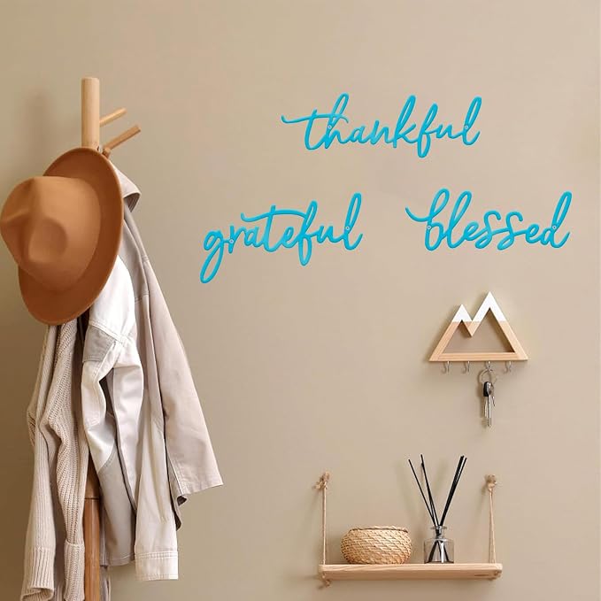 Thankful Grateful Blessed Letter Sign Metal Wall Decor, 3 Piece Black Letters Wall Art for Bathroom Bedroom Metal Words Wall Decor for Home Decor (Blue)