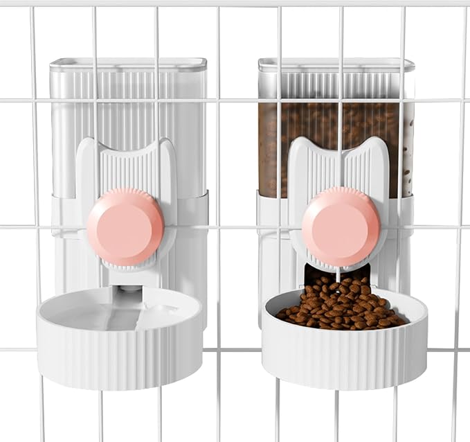 Hanging Cage Auto Pet Food Bowl Water Bottle Dispenser, 1L, Pink | Auto Gravity Pet Feeder and Waterer Set, Kennel Feeding Station, Crate Feeder Dish, For Rabbit Puppy Cats Ferret