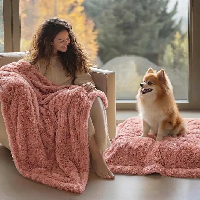 Dog Blanket Waterproof Fluffy Faux Fur Blanket Pet Blankets Liquid Pee Proof Throw Blanket for Couches Beds Sofa Reversible Furniture Protector Cover Cozy Washable 28"x20" Pink
