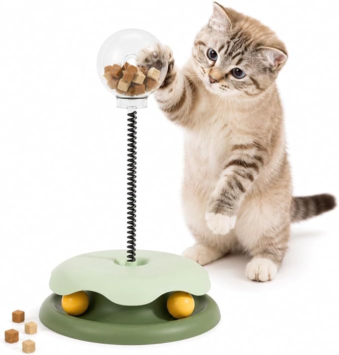 Interactive Cat Toy for Indoor Cats, 3-in-1 Cat Treat Dispenser Puzzle Toy with Spring Teaser, Rolling Ball Track & Slow Feed Treat Ball for Kittens and Adult Cats - Kitty Whiskers Playhouse