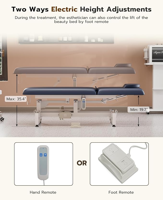Icoget Electric Lift Massage Table Bed, Professional Facial Beds Treatment Table for Esthetician, Adjustable Backrest Physical Therapy Table, Waxing Beds for Salon, Blue