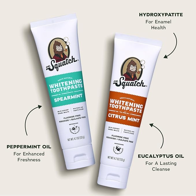 Dr. Squatch Hydroxyapatite Toothpaste Whitening - Natural, Fluoride-Free Toothpaste - Enamel Support - Day & Night Set - Citrus Mint & Spearmint, (4.7 oz, 2-Pack)
