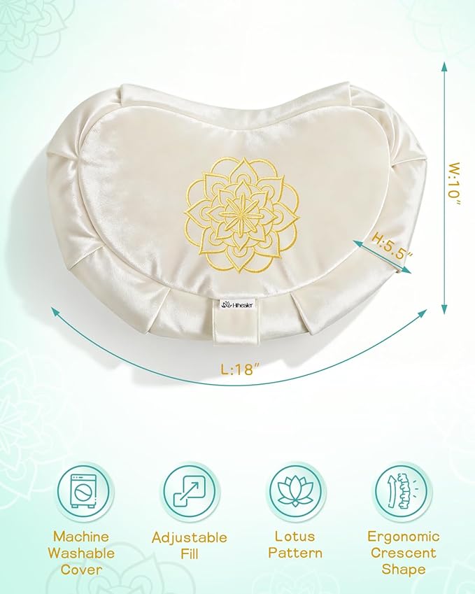 Hihealer Premium Crescent Meditation Cushion, Ergonomic Buckwheat Hull Floor Pillow for Adults, Comfortable Yoga Bolster for Meditation & Floor Sitting (Cream)
