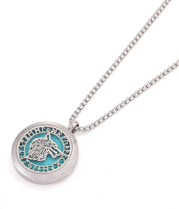 Viking Handsome Nordic Necklace with Runic Wolf Aromatherapy Essential Oil Diffuser Viking Jewelry Gift Stainless Steel Locket Pendant Necklace