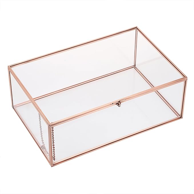 Hipiwe Vintage Glass Box with Lid - Rectangle Jewelry Display Box Vanity Lidded Box Glass Trinket Organizer Rose Golden Decorative Boxes for Keepsakes Perfume,X-Large