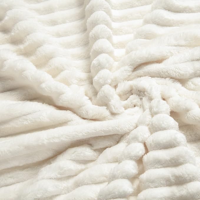 Vessia Flannel Fleece Striped Bed Blanket Twin Size(60x80inch), 300GSM Microfiber Cream Comfy Decor, Soft Warm Cozy Lightweight Ivory Ribbed Blanket for All-Season