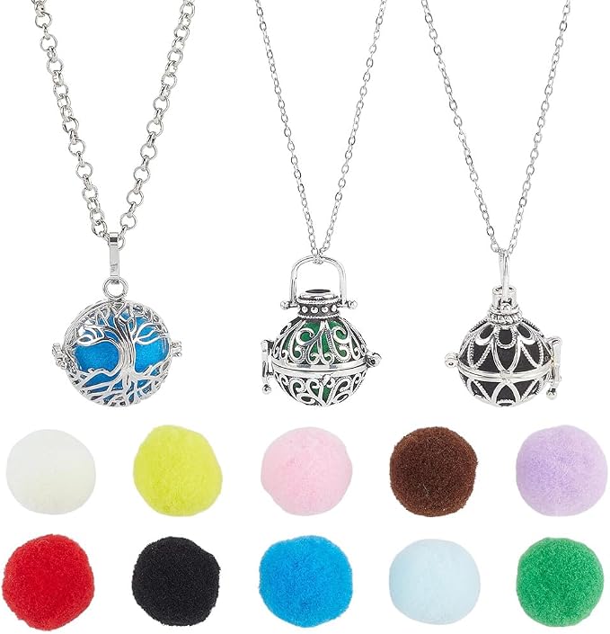 PH PandaHall 3pcs Essential Oil Diffuser Necklace Aromatherapy Locket Pendant Stainless Steel Jewelry Chains Hollow Cage Pendant with 10pcs Cotton Balls for Men Women Jewelry Birthday Gifts, Platinum