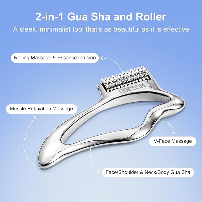 Upgraded Metal Gua Sha Facial Tools & Face Massager Tool – Multi-Functional Skin Care Tool for Soothing, Contouring & Muscle Relief with Self-Cooling Stainless Steel, PP Storage Case & Velvet Bag