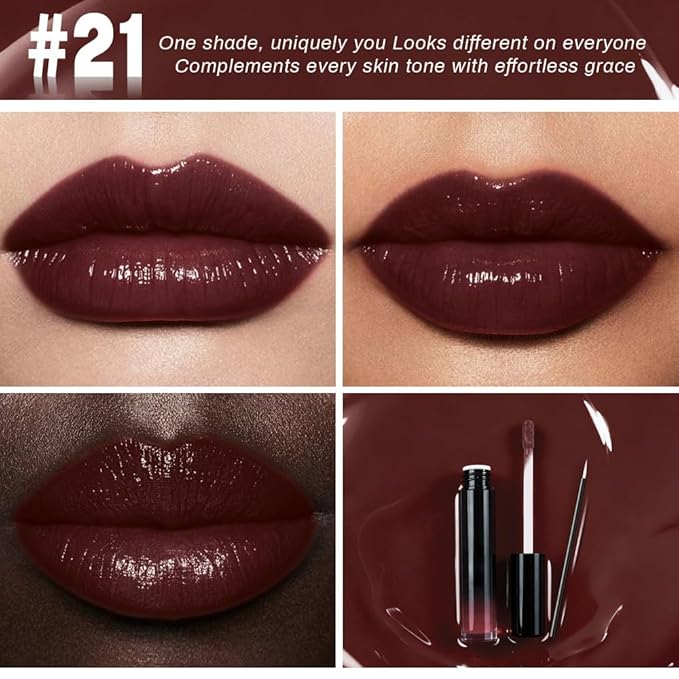 evpct Dark Brown Shiny Glossy Longwear No-Budge Liquid Lip Color Lipstick Makeup, Highly Pigmented Color Instant Shine, Waterproof Long Lasting Lipstick for Women, Lip Stain Gloss with Lip Liner Brush