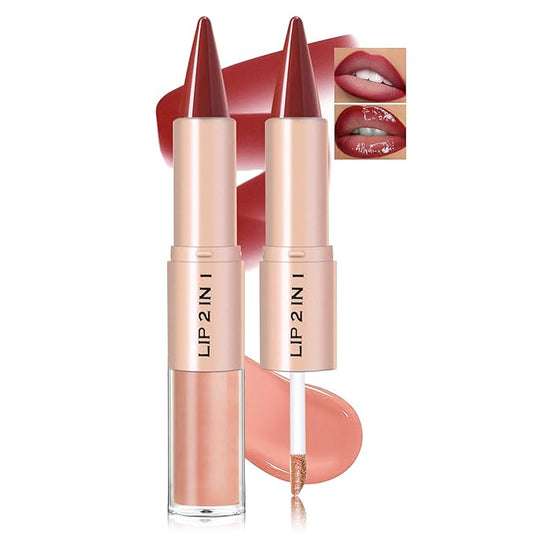 Lip Liner Gloss Lip Combo Set, 2 in 1 Lip Duo Natural Coral Red Lip Liner Lipstick Glossy Nourishing Coral Peach Gloss Lip Kit,Smooth Quick Fuller Plumping Lip Makeup for Women10#Sunset Red