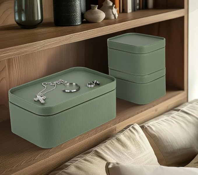 HofferRuffer Faux Leather Decorative Storage Boxes, Dust proof Storage Shelf Baskets with Lids Trays, Storage Bins Memory Box Organizer for Home, Office, Jewelry & More, Set of 3 (Green)