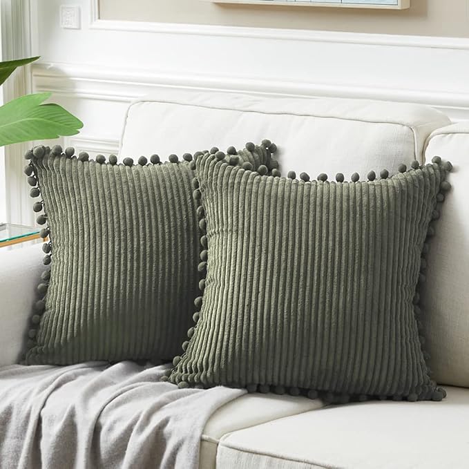 Fancy Homi Pack of 2 Olive Green Decorative Throw Pillow Covers 26x16 Inch with Pom-poms for Couch Bed Living Room, Soft Corduroy Solid Square Cushion Case 66x66 cm, Farmhouse Boho Home Décor