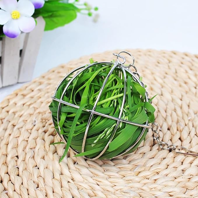 Rabbit Hay Feeder Ball, Stainless Steel Hanging Chew Toy and Forage Dispenser for Small Animals Cage, Hamsters Gerbils Chinchillas Guinea Pigs(Silver)