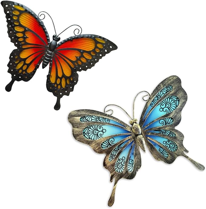 LIFFY Metal Butterfly Wall Decor,2Pack 12" Hanging Glass Butterfly Outdoor Decor,Garden Decorative Ornaments Outside for Home,Yard,Fence,Patio