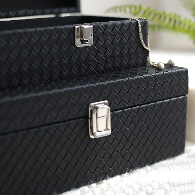 Faux Leather Decorative Jewelry Storage Organizer Boxes Set of 2, Black | Modern Black Box for Vanity, Entryway & Coffee Table Décor