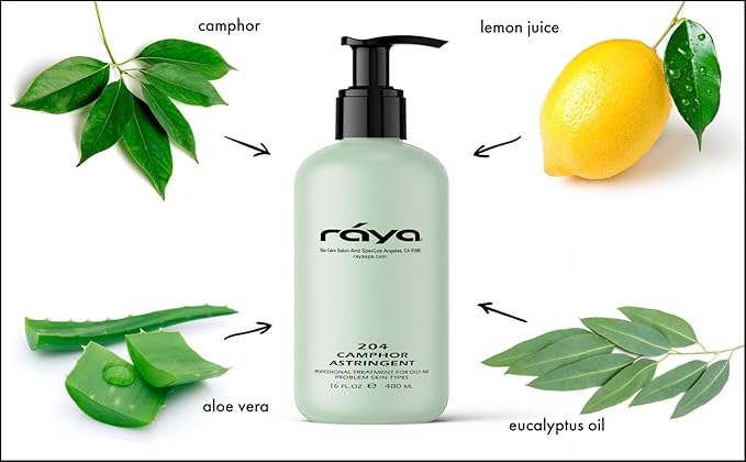 RAYA Camphor Astringent 16 oz (204) | Effective Facial Toner for Oily and Break-Out Skin | Helps Dry Up Blemishes and Control Excessive Oiliness | Made with Camphor and Eucalyptus
