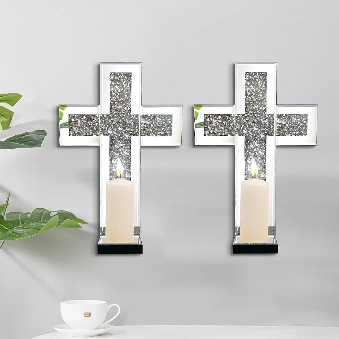 Mirrored Wall Candle Sconces Holder Set of 2, Wall Decor Living Room | Crystal Crushed Diamond Silver Wall Decorations, Ideal for Entryway, Hallway, Bedroom, Dining Room