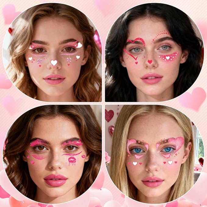 Valentine's Day Temporary Tattoos Hearts Bow Blush Face Tattoos Mixed Styles Cartoon Pink Red Love Bowknot Eye Fake Tattoos Cute Stickers Waterproof Face Stickers for Girls Body Art Makeup 10 Sheets