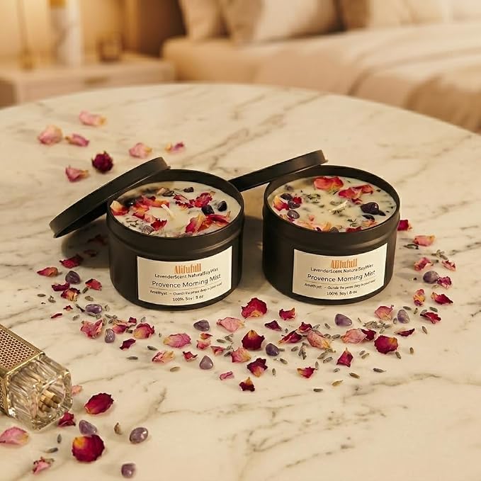 Lavender Crystal Infused Aromatherapy Candle, 8oz Matte Black Tin | Natural Soy Wax, Real Amethyst Crystals & Dried Lavender Flower Petals, Stress Relief & Sleep Aid, Home Scented