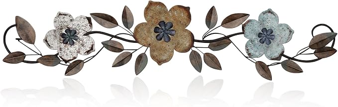 Wesiti Metal Flower Wall Decor Vintage Metal Flower Wrought Iron Scroll Sculpture 15.7''x3.7'' Not 3D, Flat Farmhouse Leaf Wall Decor with Nails for Summer Bedroom Kitchen Indoor Outdoor(Colorful)