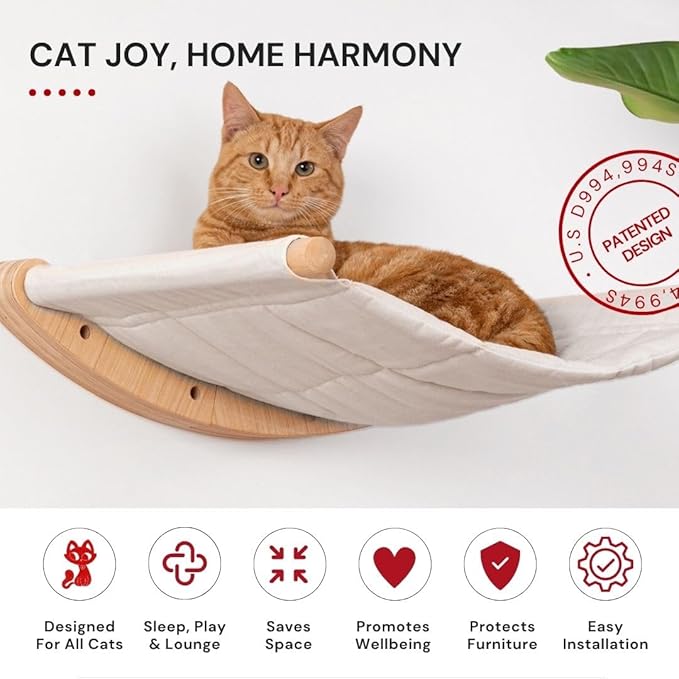 7 Ruby Road Cat Wall Hammock for Large Cats, Cat Wall Bed | A space-saving wall mounted cat bed with a washable, replaceable cushion that holds big cats up to 35 lbs