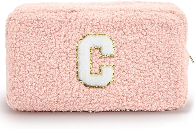 Cute Makeup Bag, Initial Cosmetic Bag, Fuzzy Makeup Bags for Women, Preppy Pink Makeup Pouch with Chenille Letter, Personalized Gifts for Women, Pink C