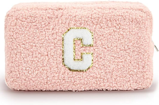 Cute Makeup Bag, Initial Cosmetic Bag, Fuzzy Makeup Bags for Women, Preppy Pink Makeup Pouch with Chenille Letter, Personalized Gifts for Women, Pink C