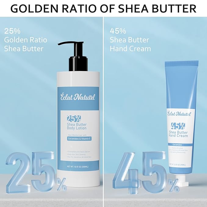Shea Butter Hand Cream and Body Lotion, with Vitamin E Ceramide Niacinamide Moisturizing Cream for Dry Skin Care, 2.37 Fl Oz Hand Cream & 10.15 Fl Oz Body Lotion