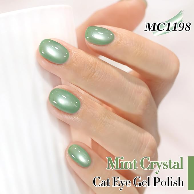 Double Rhythm 15ML Jelly Glass Cat Eye Gel Polish with Magnet Holographic Glitter Shimmer Translucent Sheer Color Salon Soak Off Magnetic Nail at Home (Pale Green-MC1198)