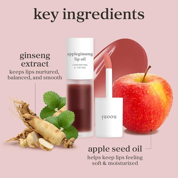 NOONI Korean Lip Oil - Appleginseng | Lip Stain, Gift, Long-Lasting, Moisturizing, Plumping, Revitalizing for Dry Lips, Waterproof, No Peel Off, Korean Lip Tint, Stocking Stuffers, 0.12 Fl Oz