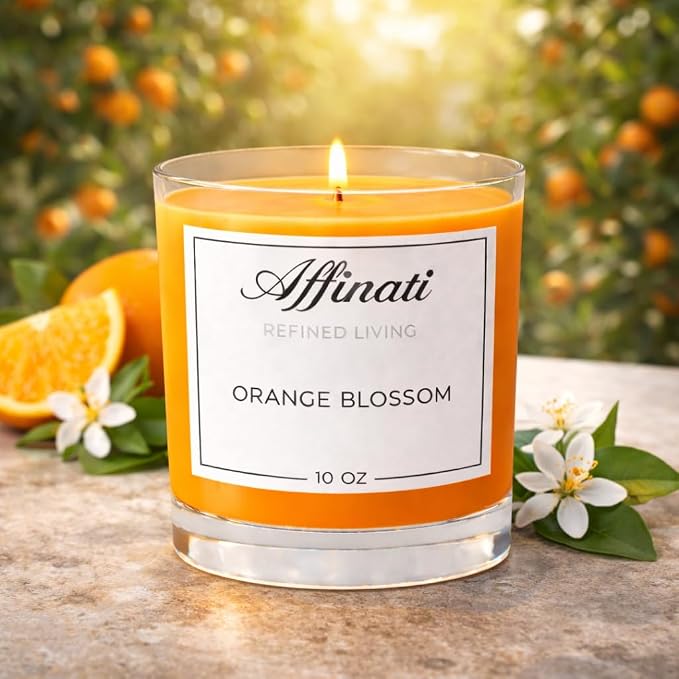 Orange Blossom Affinati 10 oz Scented Candle for Home – Long Lasting Fruity Soy Blend Candle with Wooden Wick, Strong Scent Throw Glass Jar Candles, Premium Clean Burning Aromatherapy Gifts