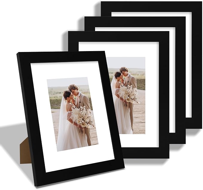 Hongkee 8x10 Picture Frame Set of 4, Made of Real Glass and Black Wooden Frame, 8 by 10 Photo for Wall or Tabletop - Display Picture 5x7 with Mat or 8x10 Without Mat