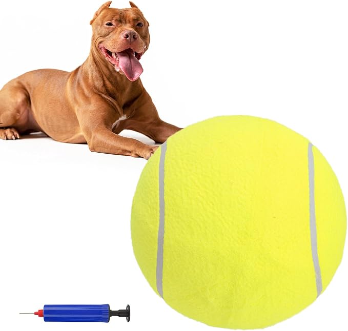 SCENEREAL Giant Tennis Ball for Dogs, 9.5" Big Dog Toy Ball Inflatable for Medium Large Doggie, Indoor Outdoor Interactive Training Playing, Birthday Gift, Yellow