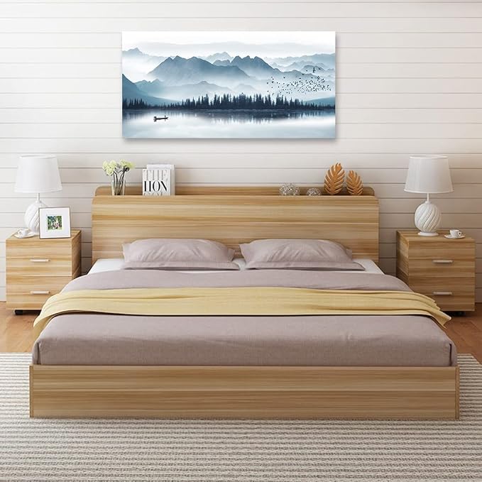 arteWOODS Indigo Canvas Wall Art Misty Mountain Wall Pictures Foggy Lake Boat Painting Prints Forest Birds Artwork Wall Decor for Living Room Wall Decorations Framed Ready to Hang 24" x 48"