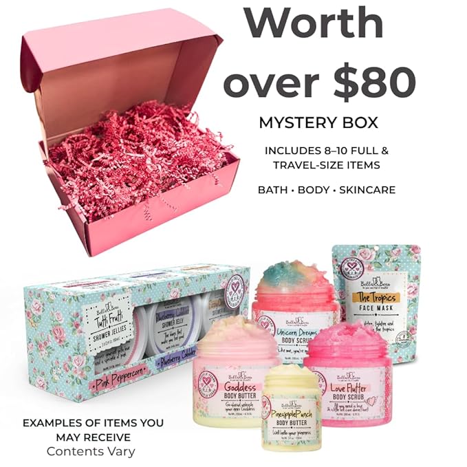 Bella & Bear Mystery Box – Over $80 Value incl. Full‑ & Travel‑Size Bath, Body & Skincare • Surprise Beauty Kit • Vegan & Cruelty‑Free Gift for Women