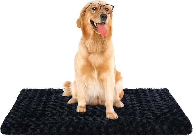 Exsnugy Washable Dog Bed Mat Large Size Fluffy Pet Crate Pad 42x28 XL | Non-Slip Bottom Kennel Beds Ultra Soft Comfy Sleeping Mattress for Large Medium Small Dogs Black