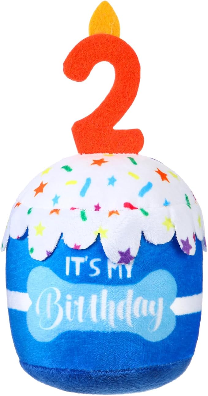 Dansydaisy Dog Birthday Cake Toy Squeaky Plush Gift,2nd,Blue
