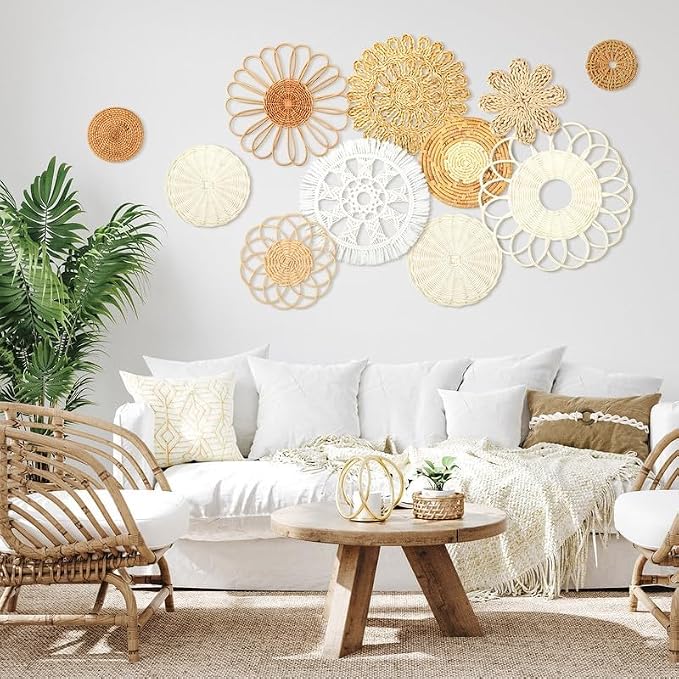 Tatuo 11 Pcs Boho Wall Basket Decor Bulrush Woven Wall Hanging Art Round Farmhouse Rustic Handmade Wicker for Summer Home, Bedroom, Living Room, Kitchen Decorations, Multi Sizes(Novel)
