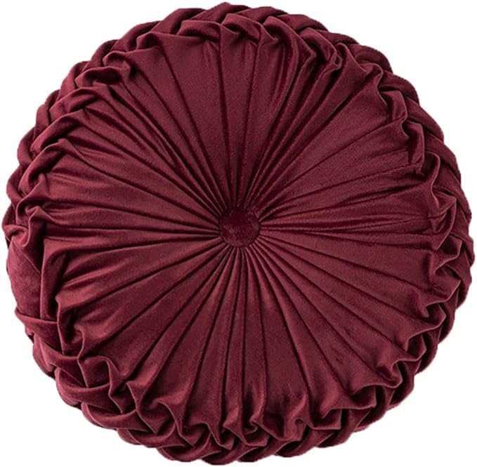 Teieas Round Pillows Velvet Pleated Circle Pillow Floor Pillows Burgundy | Boho pumpkin bed decoration pillows,for bedroom,couch,chair,sofa,car,home 14.96''