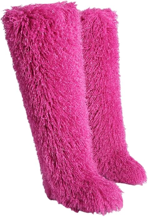 SWEETHEART BEAUTY Thigh High Shagy Teddy Fur Boots, 29 Inch Over the Knee Length Fluffy High Boots, Tall Furry Shoes For Women