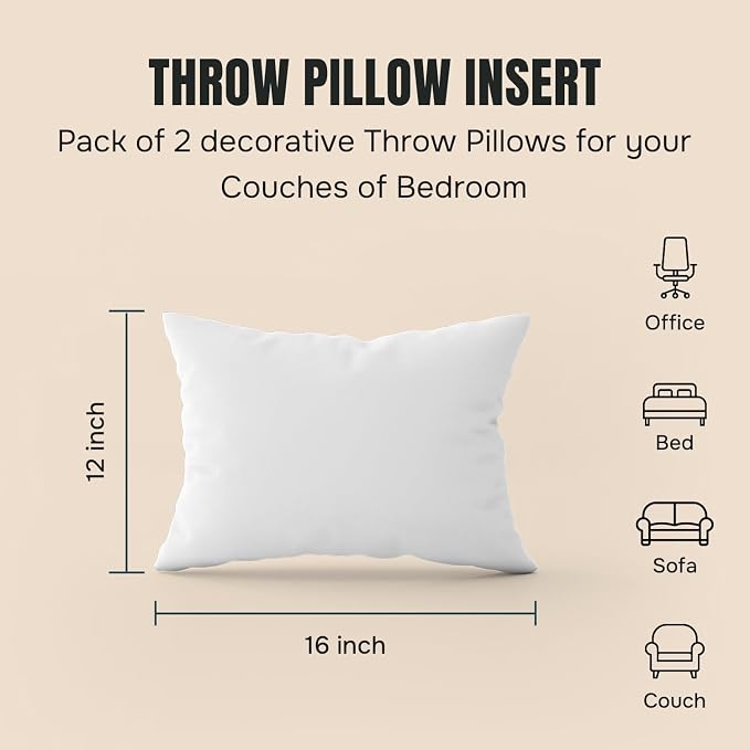 CanvasChamp Throw Pillow Inserts Pack of 2, Lightweight Soft Polyester Decorative Pillow Covers - 12" W x 16" H Bed & Couch Pillows