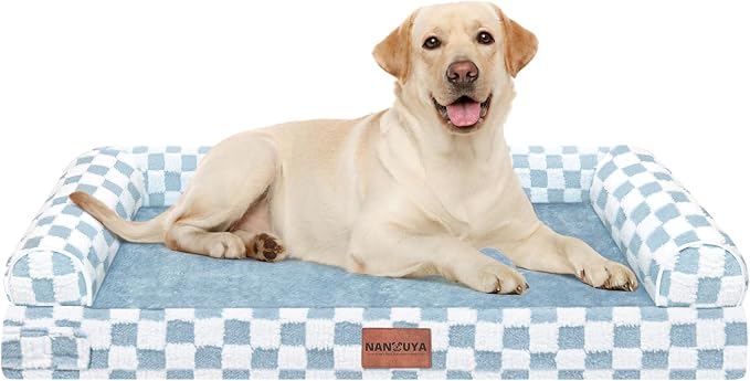 Orthopedic Dog Bed for Large Dogs, 38 x 25 Inch, Blue Grid | Egg crate foam for joint support, 3-sided bolster pet sofa, waterproof lining, washable cover, and non-skid base