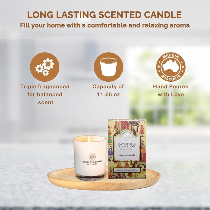 Wavertree & London Organic Sandalwood & Patchouli Scent Soy Wax Candle | Non Toxic 100% Cotton Wick Triple Scented Pure Natural Soy Wax Candles, Hand Poured in Australia | 60 Hours Burning, 11.66 Oz