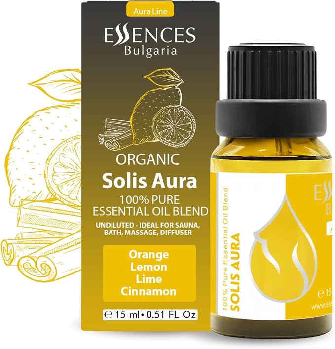 Essences Bulgaria Solis Aura Organic Essential Oil Blend 0.51 Fl Oz | 15ml | Orange, Lemon, Lime, Cinnamon | Aromatherapy, Sauna & SPA | 100% Pure & Natural | Undiluted