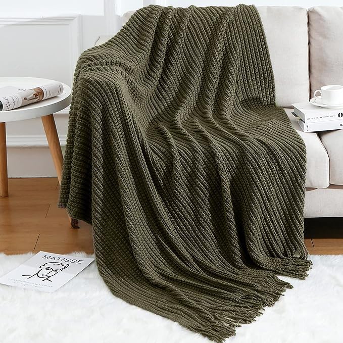 Blagic Knit Throw Blanket for Couch and Bed with Tassels,Dark Green,60"x80" | Soft Farmhouse Boho Throw Blanket with Tassels,Decorative for Living Room,Gifts for Adults,All Season Use