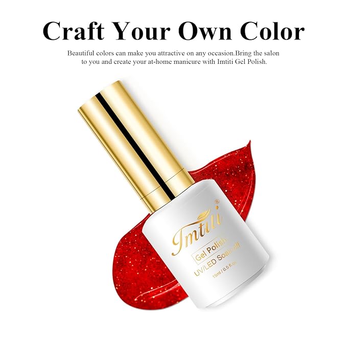 Imtiti Glitter Gel Nail Polish, 0.5 Fl Oz Christmas Red Glitter Gel Polish Soak Off LED U V Shimmer Sparkle Nail Gel Polish Fall Winter DIY Nail Art Starter Manicure Salon for Women Girls