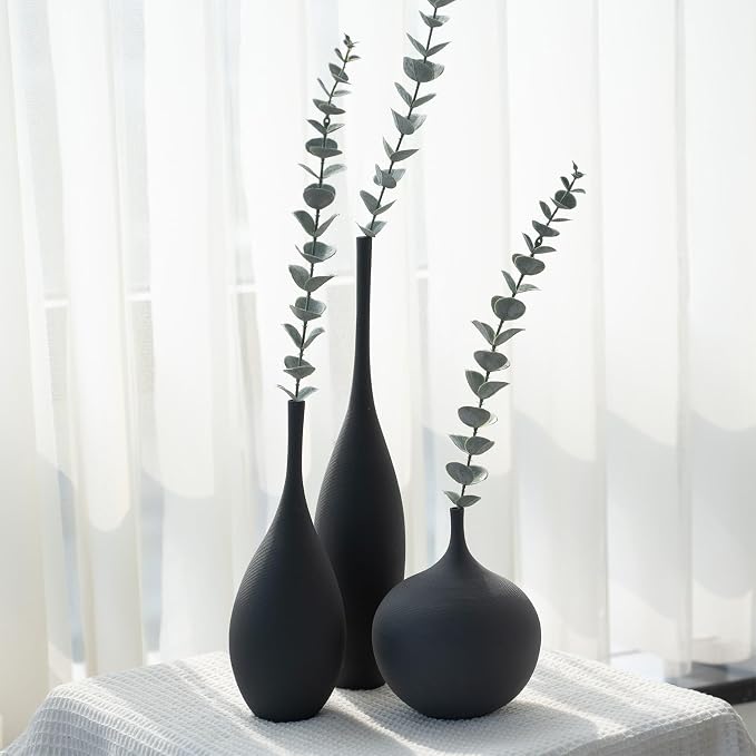 Relexome Black Ceramic Vase Modern Boho Wabi-Sabi Flower Vase Set of 3 Decorative Aesthetic Vases for Centerpieces Matte Minimalist Vases for Living Room Table Shelf Home Decor Gift